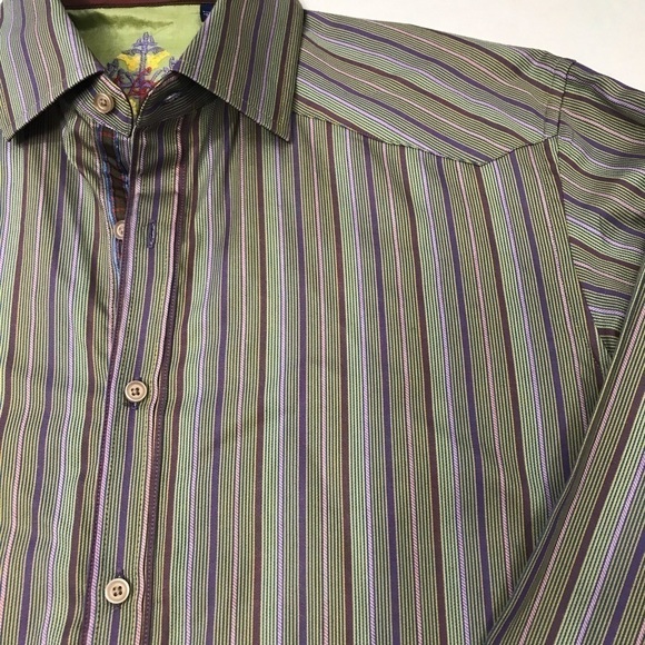 Robert Graham Striped Flip Cuff Shirt Purple Green - Picture 5 of 6